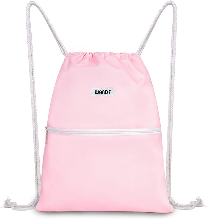 WANDF Drawstring Backpack String Bag Sackpack Cinch Water Resistant Nylon for Sport Yoga Gym Shopping (Light Pink) - Image 1