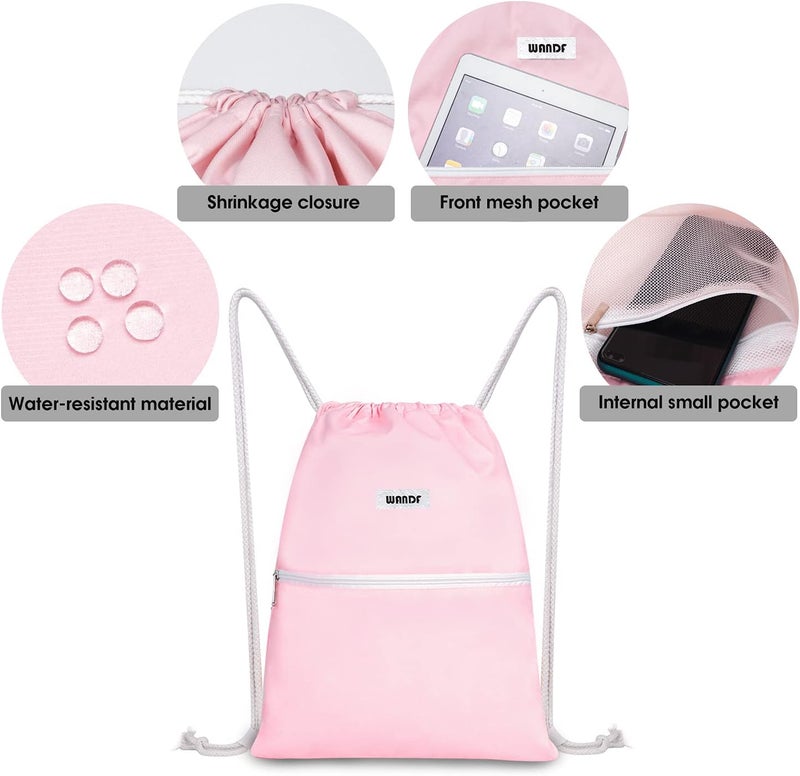 WANDF Drawstring Backpack String Bag Sackpack Cinch Water Resistant Nylon for Sport Yoga Gym Shopping (Light Pink) - Image 3