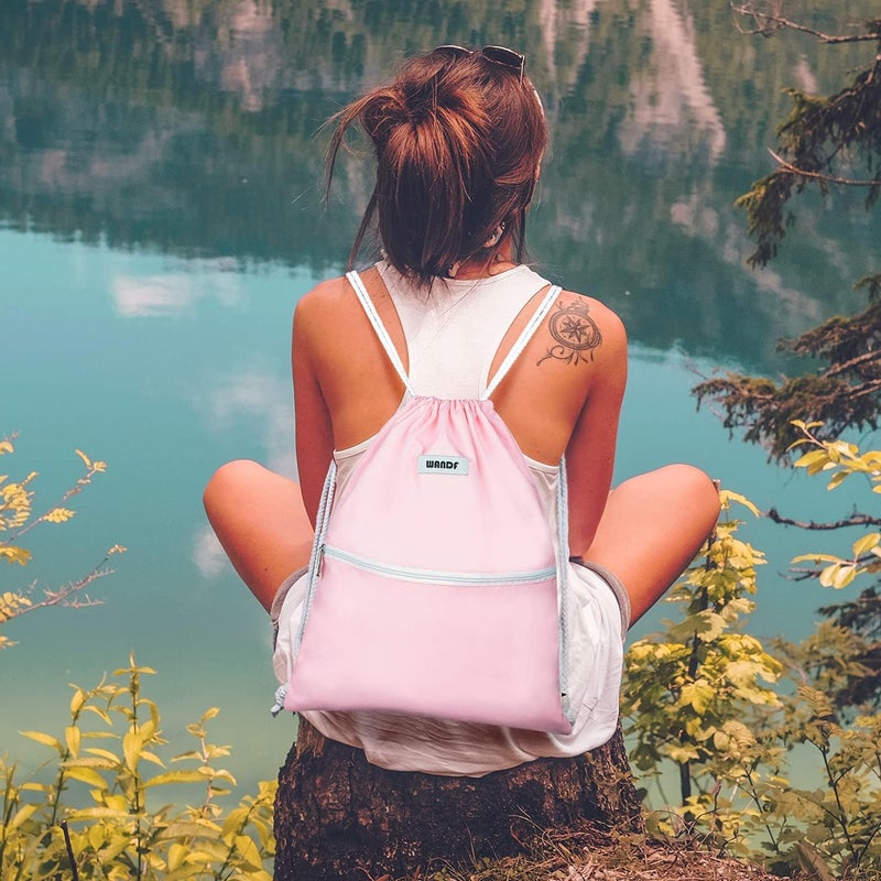 WANDF Drawstring Backpack String Bag Sackpack Cinch Water Resistant Nylon for Sport Yoga Gym Shopping (Light Pink) - Image 5
