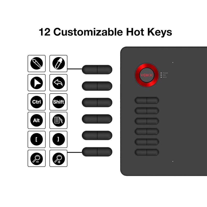Veikk لوحة رسم جرافيك A15، لوحة قلم 10x6 بوصة، 12 مفتاح ساخن، قلم غير مزود ببطارية مع وظيفة الميل، 20 رأس قلم بديل وقفاز فنان واحد، يدعم ويندوز، ماك، لينوكس - أحمر - Image 2