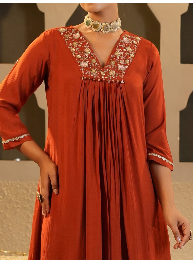 Ameya Rust-embroidered-chanderi-silk-a-line-kurta-trouser-set - Image 1