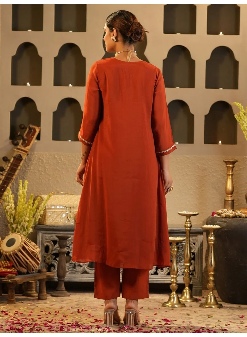 Ameya  Rust-embroidered-chanderi-silk-a-line-kurta-trouser-set for Women | Best Price UAE