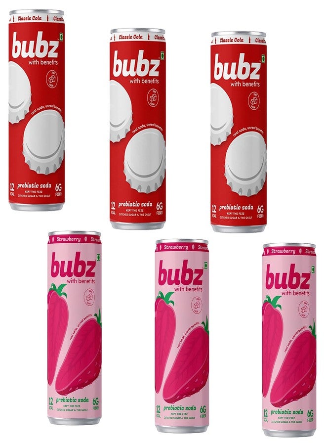 Bubz Cola Pack of 3 + Strawberry Pack of 3 Prebiotic Soda Combo Of 6 | 0g Added Sugar, 6g Prebiotic Fiber | 250 ml Cans | Low Calorie Soda Drink - Image 1