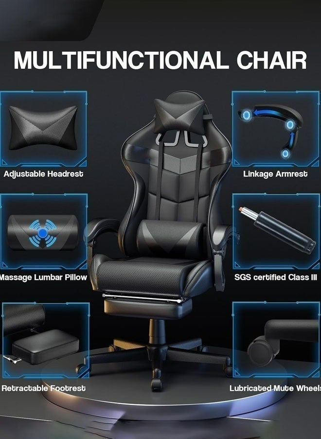 إج كرسي ألعاب مع تدليك كرسي كمبيوتر، كرسي ألعاب بظهر عالي، كرسي ألعاب إلكتروني مريح مع ميلان زاوي كبير وضبط ارتفاع، مع وسادة للرقبة والخصر والساق 122x64x64 سم جلد أسود - Image 3