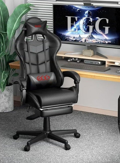 كرسي ألعاب مع تدليك، كرسي كمبيوتر عالي الظهر للألعاب الإلكترونية، تصميم مريح مع ميل بزوايا واسعة وتعديل ارتفاع، مزود بوسادة رقبة ودعم للخصر والساقين، 122×64×64 سم، جلد أسود