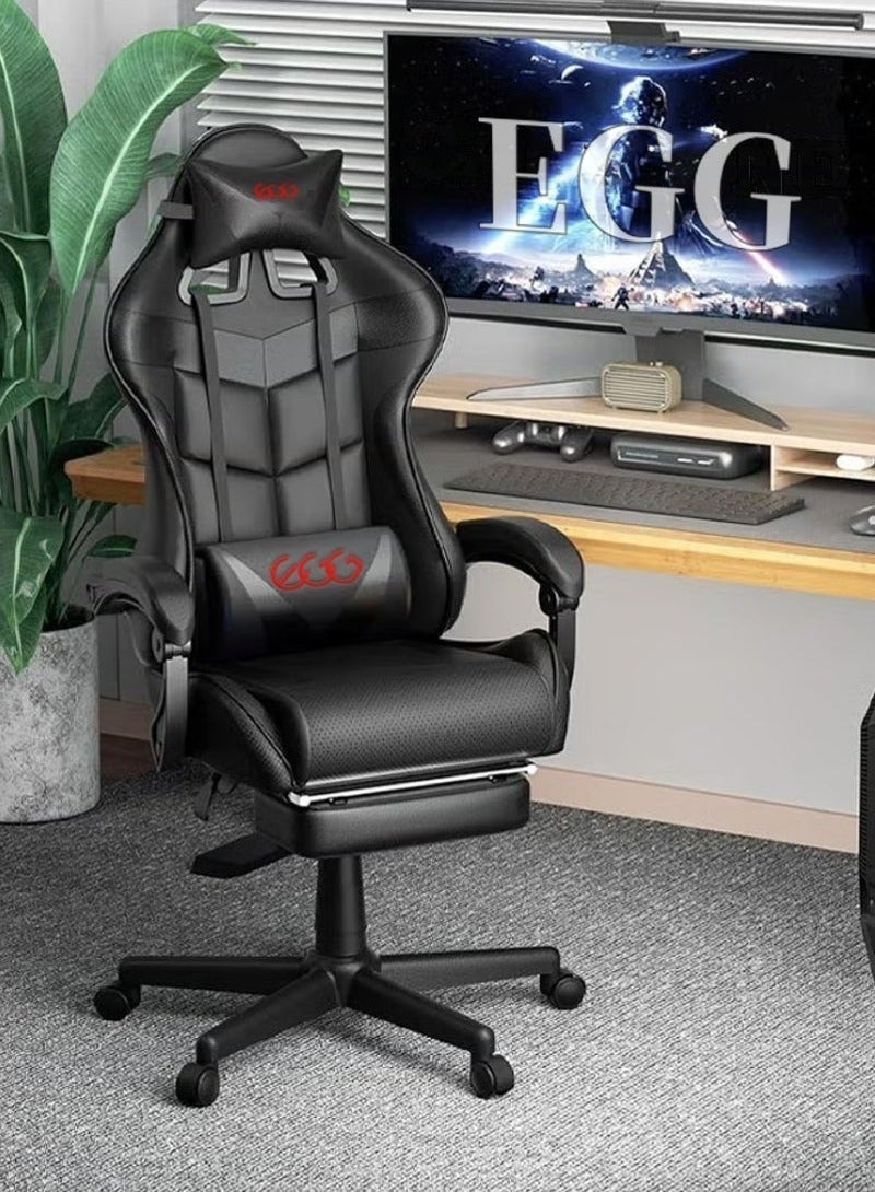 إج كرسي ألعاب مع تدليك كرسي كمبيوتر، كرسي ألعاب بظهر عالي، كرسي ألعاب إلكتروني مريح مع ميلان زاوي كبير وضبط ارتفاع، مع وسادة للرقبة والخصر والساق 122x64x64 سم جلد أسود - Image 1