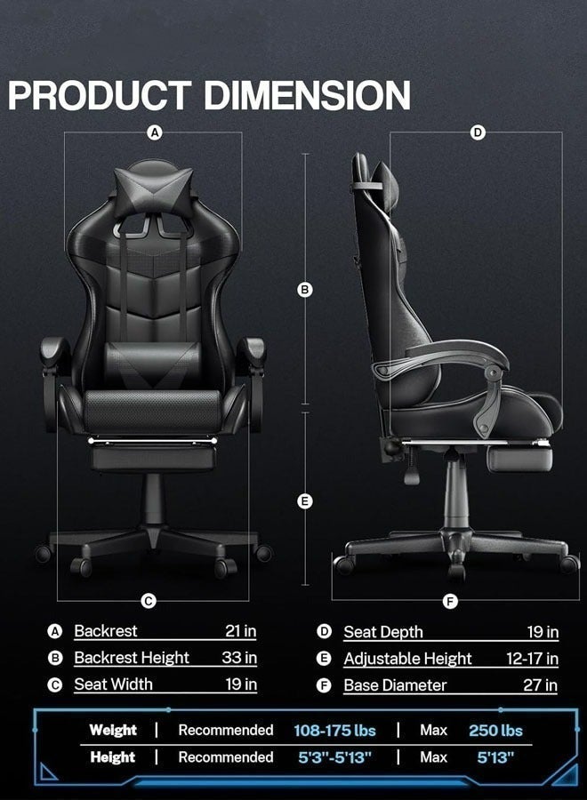 إج كرسي ألعاب مع تدليك كرسي كمبيوتر، كرسي ألعاب بظهر عالي، كرسي ألعاب إلكتروني مريح مع ميلان زاوي كبير وضبط ارتفاع، مع وسادة للرقبة والخصر والساق 122x64x64 سم جلد أسود - Image 4
