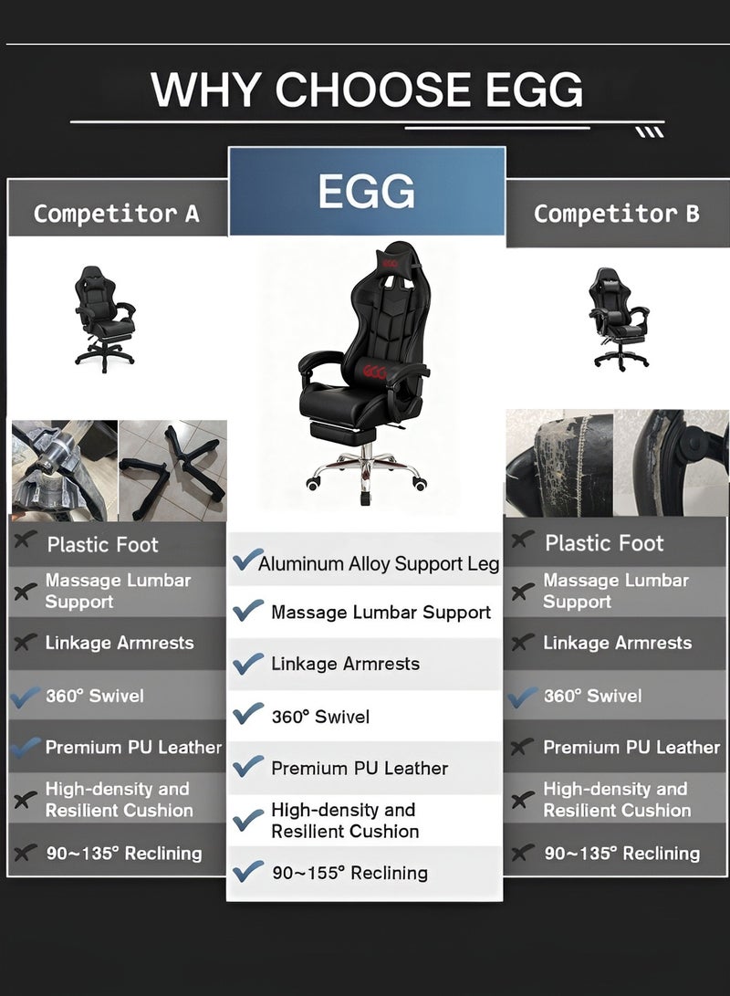 Egg Iron legged gaming Chair Adjustable Computer Chair Office PU Leather High Back Lumbar Support Comfortable Armrest Headrest 122x64x64 cm - Image 2
