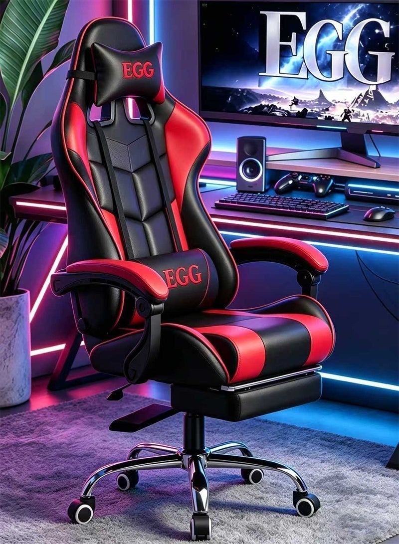إج كرسي الألعاب الحديدية الساقين قابل للتعديل كرسي الكمبيوتر مكتب PU الجلد عالية الظهر الدعم القطني مريح مساند الذراع مساند الرأس 122x64x64 سم - Image 1