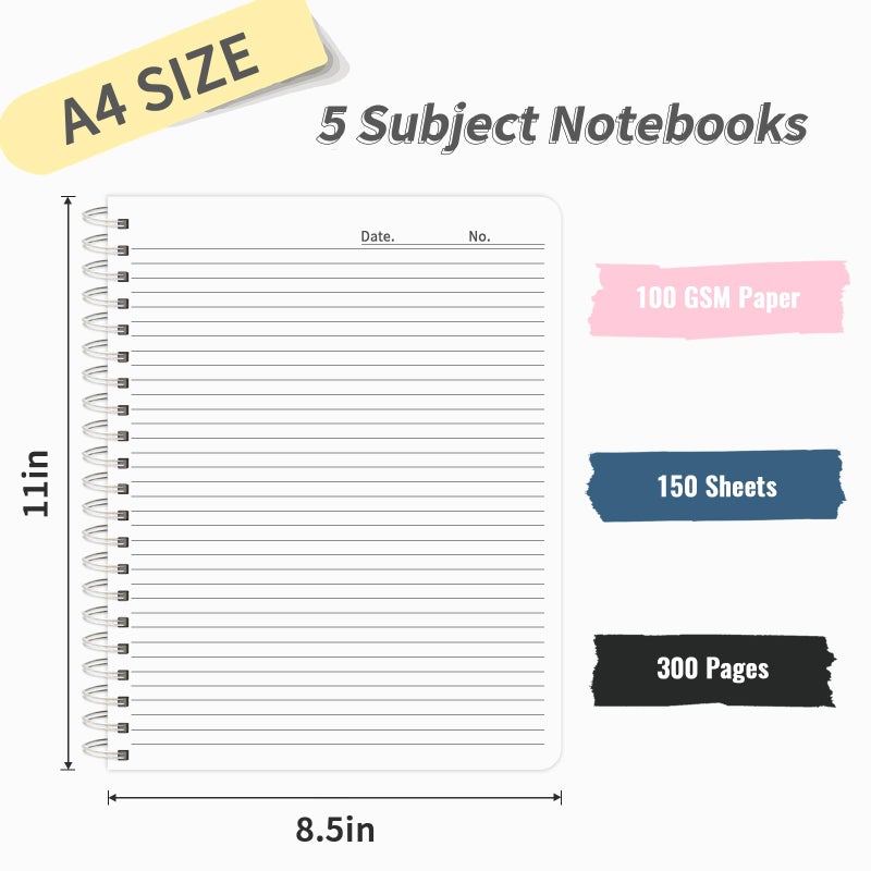 Ouzoustate Pink 5 Subject Notebook College Ruled 300 Pages Hardcover Spiral Notebook with Removable Dividers Tabs, 8.5" x 11" 100GSM Large A4 Lined Journal Notebooks for Work School - Image 2