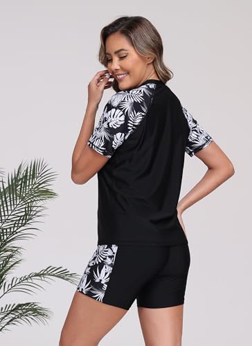 Halcurt Women's Two Piece Rash Guard Short Sleeve Swim Shirts UPF 50+ Built in Bra Swimsuit with Pockets Boyshorts Black XL - Image 2