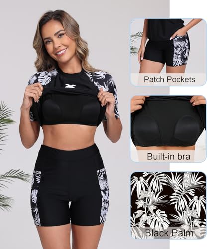 Halcurt Women's Two Piece Rash Guard Short Sleeve Swim Shirts UPF 50+ Built in Bra Swimsuit with Pockets Boyshorts Black XL - Image 5