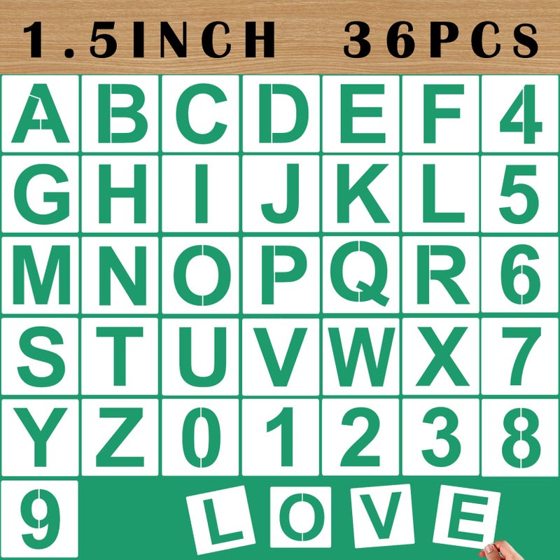 Mossdecal 36PCS Letter Stencils 15 inch Reusable Plastic Small Alphabet and Number Stencils for Painting on Wood Wall Fabric Tracing Rock Chalkboard Signage
