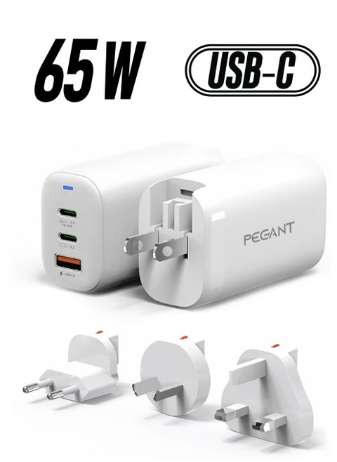 65W GaN USB-C Fast Charger with Power Delivery and Quick Charge, 2x USB-C 1x USB-A Ports