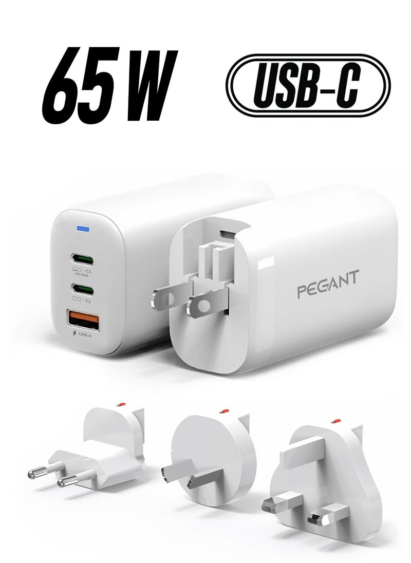 PEGANT 65W GaN USB-C Fast Charger with Power Delivery and Quick Charge, 2x USB-C 1x USB-A Ports  - Image 1