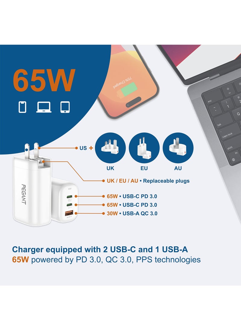PEGANT 65W GaN USB-C Fast Charger with Power Delivery and Quick Charge, 2x USB-C 1x USB-A Ports  - Image 2