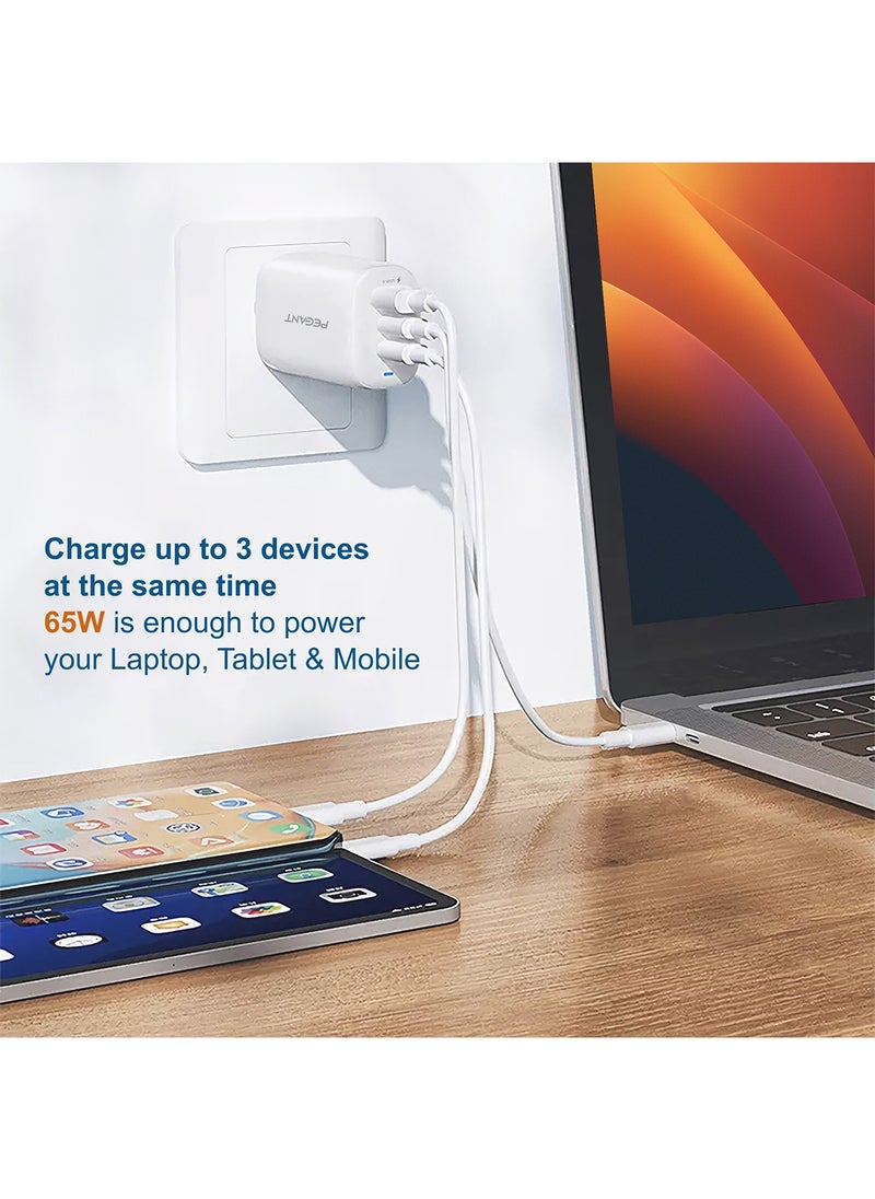 PEGANT 65W GaN USB-C Fast Charger with Power Delivery and Quick Charge, 2x USB-C 1x USB-A Ports  - Image 3