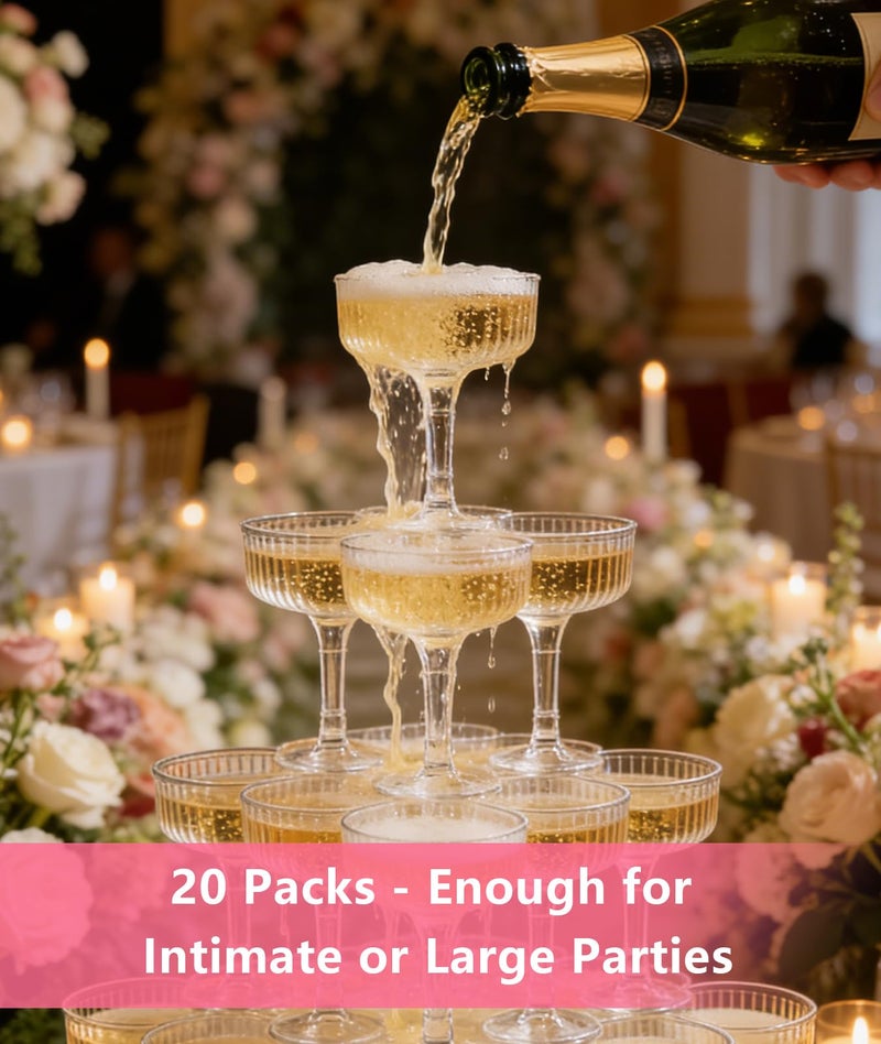 Irosiy ACRYLIC Champagne Tower Set - 20 Pack 7oz Shatterproof Flutes + 25 Pink Bows & 30 Dots, Stackable Plastic Coupe Glasses for Wedding Decor, Party Supplies - Image 2