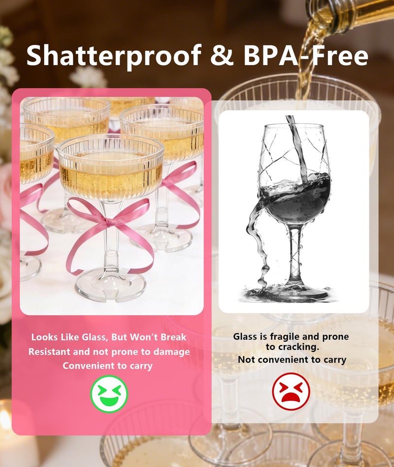 Irosiy ACRYLIC Champagne Tower Set - 20 Pack 7oz Shatterproof Flutes + 25 Pink Bows & 30 Dots, Stackable Plastic Coupe Glasses for Wedding Decor, Party Supplies - Image 3