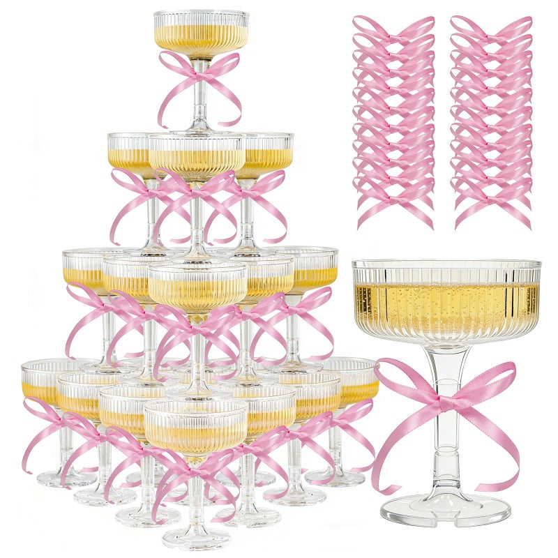 Irosiy ACRYLIC Champagne Tower Set - 20 Pack 7oz Shatterproof Flutes + 25 Pink Bows & 30 Dots, Stackable Plastic Coupe Glasses for Wedding Decor, Party Supplies - Image 4