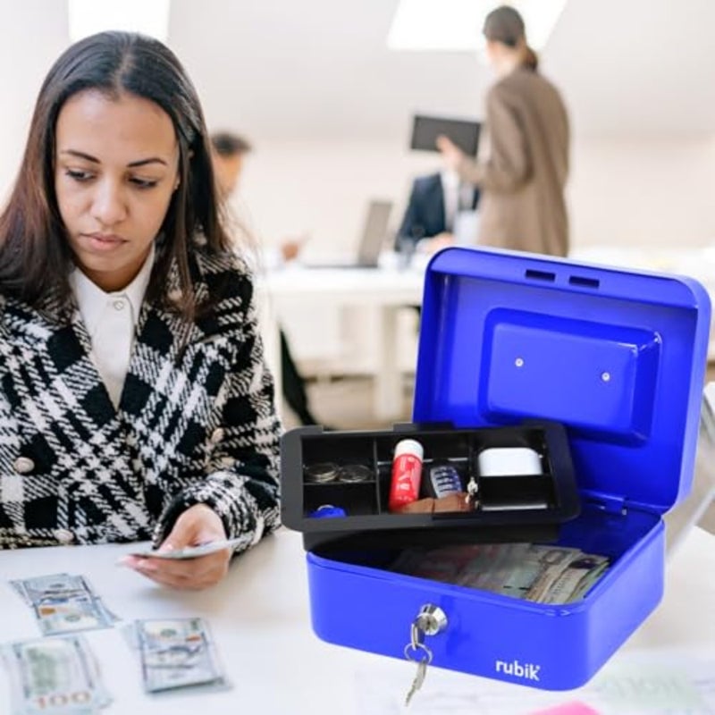 صندوق نقود متوسط ​​الحجم مصنوع من الفولاذ مزود بصينية وقفل صندوق نقود محمول متين آمن للفواتير وإيصالات المجوهرات والعملات المعدنية 20x16x9 سم أزرق - Image 2