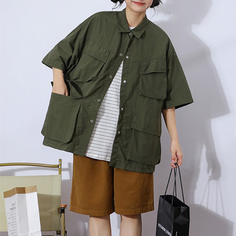 Summer Unisex Cityboy Multi-Pocket Work Shirt Green - Image 1