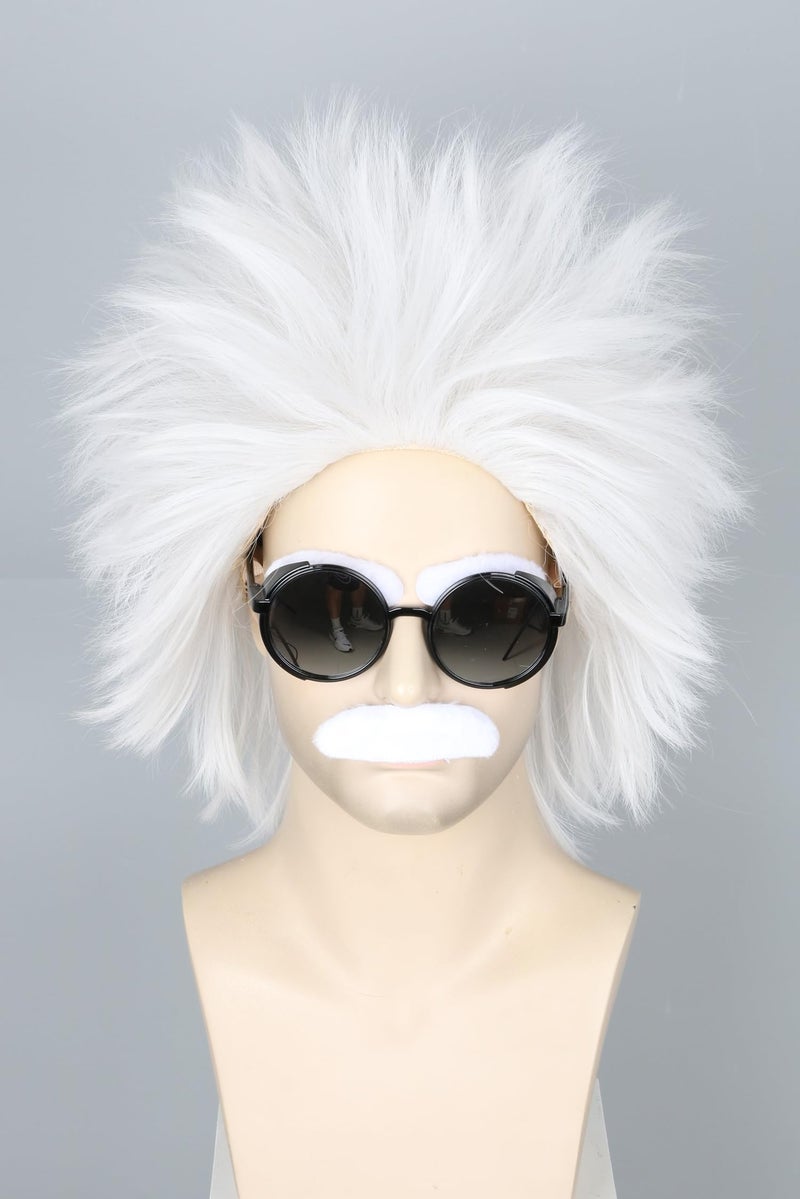 LeMarnia White Mad Scientist Wig and Beard Eyebrows Old Man Costume Wig Halloween Cosplay Wig - Image 2