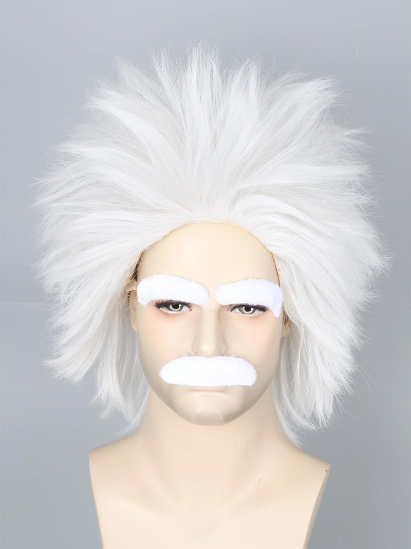 LeMarnia White Mad Scientist Wig and Beard Eyebrows Old Man Costume Wig Halloween Cosplay Wig - Image 1