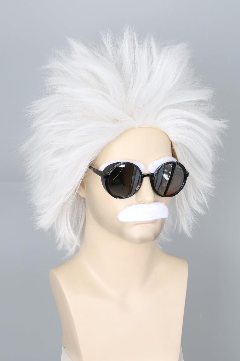 LeMarnia White Mad Scientist Wig and Beard Eyebrows Old Man Costume Wig Halloween Cosplay Wig - Image 5