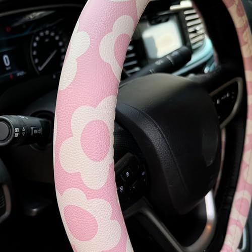 Naxizo Vintage Groovy Flowers Car Leather Steering Wheel Cover 15inch Universal Microfiber Soft Breathable Silicone Anti Slip Auto Steering Wheel Wrap for Women Pink - Image 5