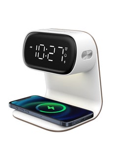 Jourvent Multi-Function LED Alarm Clock with Wireless Charger & Night Light, Adjustable Brightness Display, White  - Image 1
