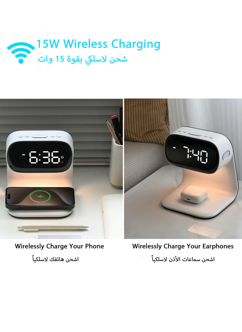 جورفنت ساعة منبه LED متعددة الوظائف مع شاحن لاسلكي وإضاءة ليلية وشاشة سطوع قابلة للتعديل، باللون الأبيض  - Image 4