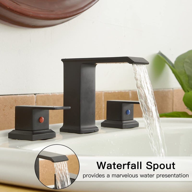 BWE 8 Inch Widespread Bathroom Faucet Black 2-Handle Waterfall Bathroom Faucet 3 Hole with Pop Up Drain Assembly and Supply Line Bath Lavatory Vanity Sink Faucet Mixer Tap - Image 4
