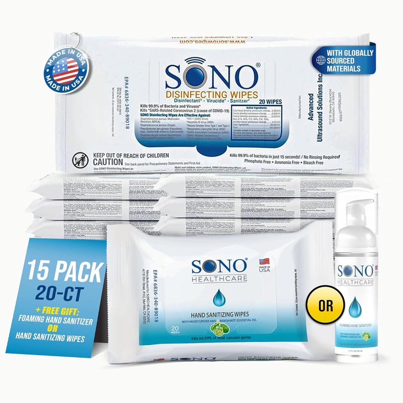 SONO Disinfecting Wipes - 300 Count (Pack of 15) + Travel-Size Alcohol-Free Sanitizer - Medical-Grade, No Bleach, Multi-Surface Cleaning for School, Office, and On-the-Go Germ Protection - Image 1