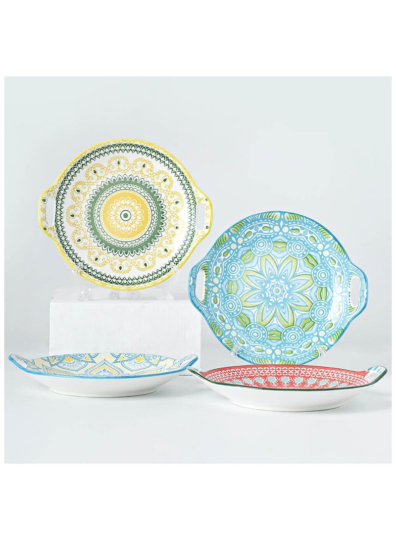 شور طباق عشاء سيراميك دائرية مطلية يدويًا، مكونة من 4 قطع، مقاس 23.5 × 20 × 4 سم - Image 2