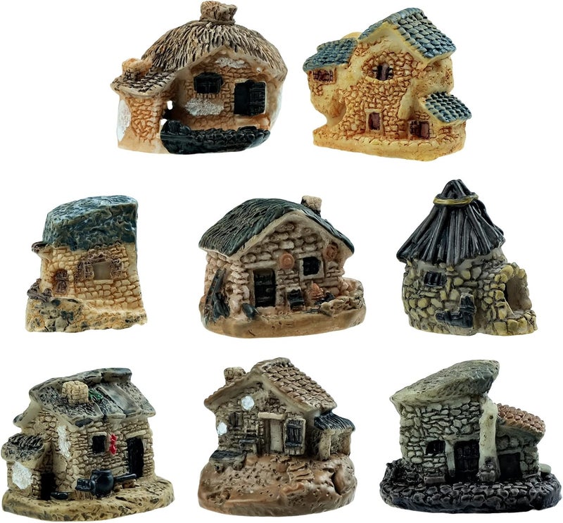 BLLREMIPSUR 8 PCS Mini House Figurines, Miniature Village Hut Figurine, Fairy Garden Cottage Ornaments Accessories for DIY Bonsai, Succulent Planting, Terrarium, Flower Pot Decor - Image 1