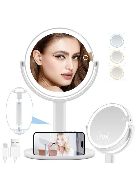 Lighted Makeup Mirror, 20X Magnifying Mirror With Light And Adjustable Brightness, Vanity Mirror With 3 Color Light, 2-Sided Mirror For Desk, Detachable Travel Makeup Mirror With Light 8.8 Inches
