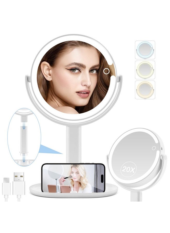 MIYADIVA - Lighted Makeup Mirror, 20X Magnifying Mirror With Light And Adjustable Brightness, Vanity Mirror With 3 Color Light, 2-Sided Mirror For Desk, Detachable Travel Makeup Mirror With Light 8.8 Inches - Image 1