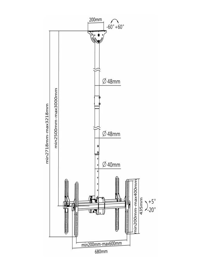 Skill Tech SH 034D Dual Display Ceiling Mount for 26"-75" LED LCD Screens, VESA 600x400, Adjustable Drop 2.5m–3m, 50kg Load Capacity – Black - Image 4