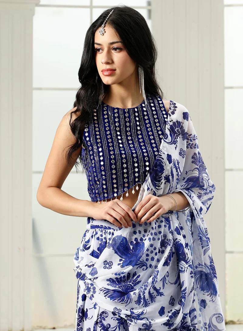 Qissa  Women's Botanical Mirror-Block Pre-Draped Saree For Ethnic Wear | Round Neck, Sleeveless | Geometric Embroidered Fabric | 2 Piece Pre-Draped Saree Designed For Evening & Party Wear for Women | Best Price UAE
