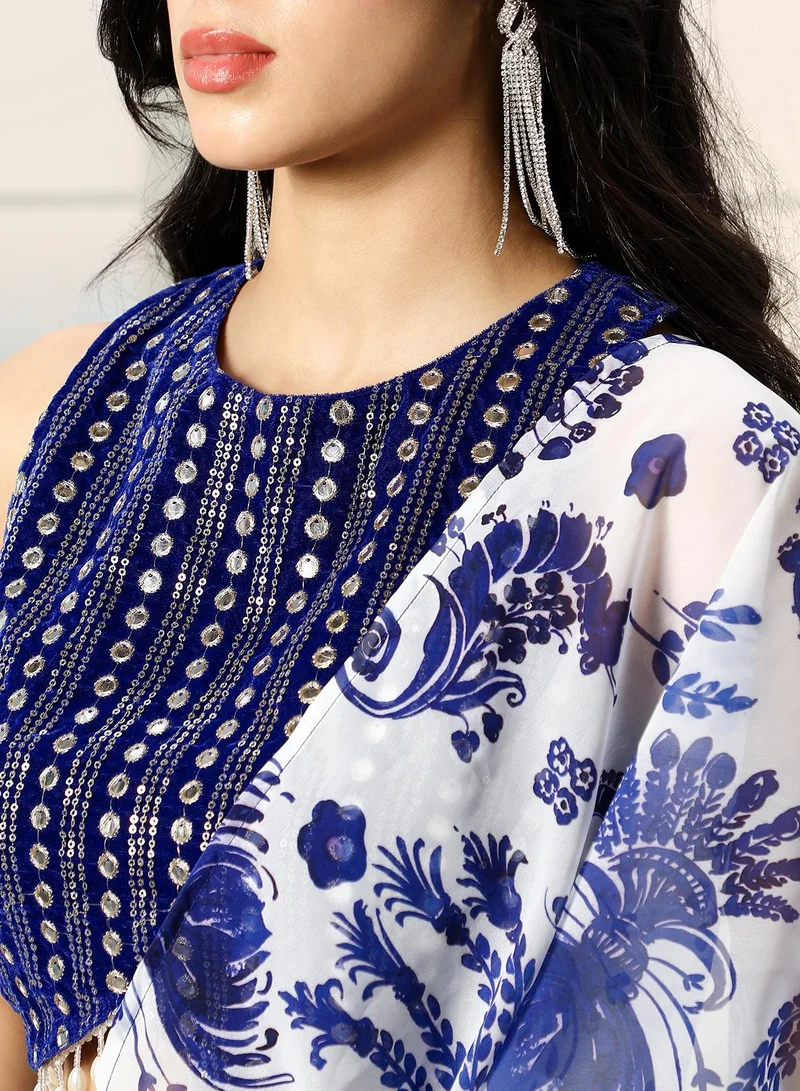 Qissa  Women's Botanical Mirror-Block Pre-Draped Saree For Ethnic Wear | Round Neck, Sleeveless | Geometric Embroidered Fabric | 2 Piece Pre-Draped Saree Designed For Evening & Party Wear for Women | Best Price UAE