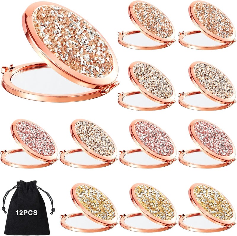 Cindeer 12 Pcs Small Compact Mirror Folding Pocket Makeup Round Hand Held Cosmetic Magnifying Compact Rhinestone Mirror with 1X/2X Magnification for Women Girls Travel (Assorted Colors)