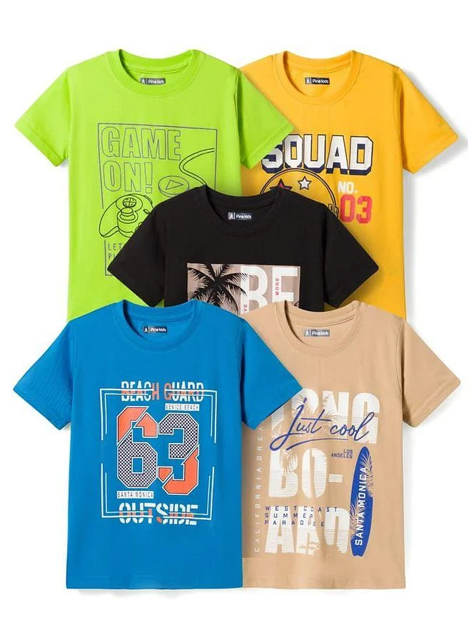 Pine Kids Pine Kids Cotton Knit beach Theme & Text Printed T-Shirts, Pack Of 5 - Multicolour