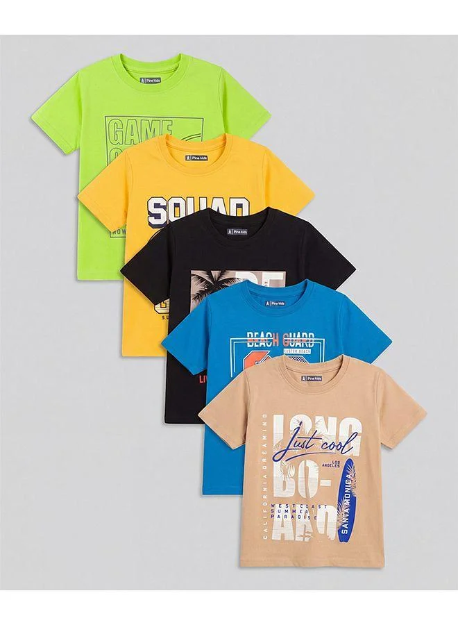 Pine Kids Pine Kids Cotton Knit beach Theme & Text Printed T-Shirts, Pack Of 5 - Multicolour