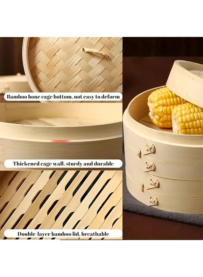 Large 3 Piece Bamboo Steamer Set With Cover For Dumplings Vegetables Meat - Image 2
