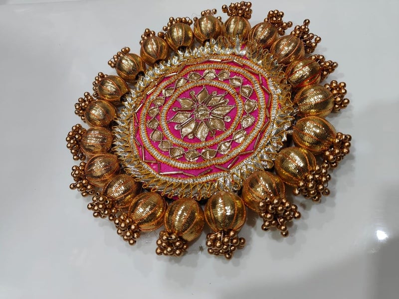 SELLPLUS Handmade Decorative Pooja Thali, Puja Plate, Decoratve Pooja Plates for Festivals (Pink) - Image 1