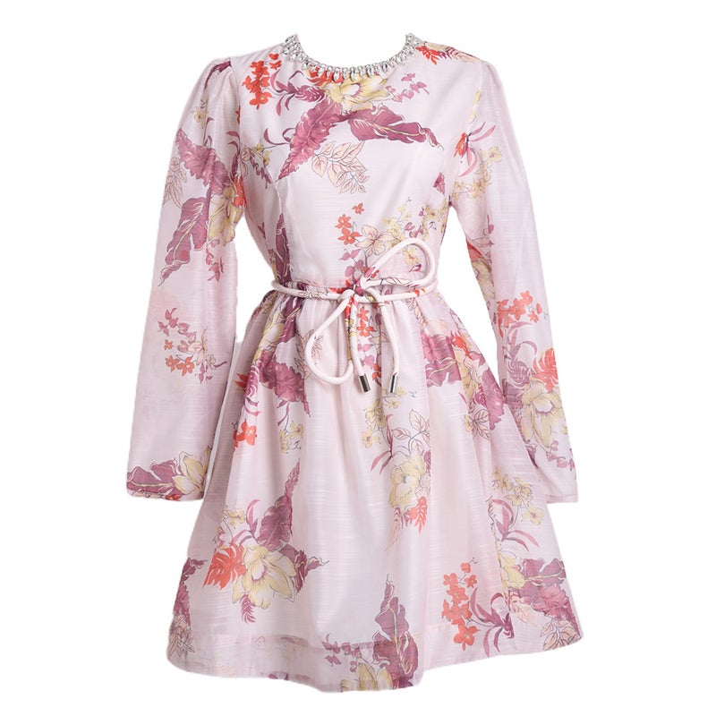 Trendy Printed Organza Short dress Womens Rhinestone Crewneck Elegant Lace-up Waistline and Nine-point Sleeve Loose Skirt Pink  - Image 1