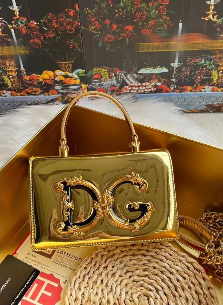 D&G Dolce&Gabbana Gold Handheld Mini Leather Bag, Women's Crossbody Bag, Women's Handbag, Women's Shoulder Bag, Women's Travel Bag, Women's Hobo Bag, Banquet Luxury Grand Logo Gold Leather Bag - Image 5