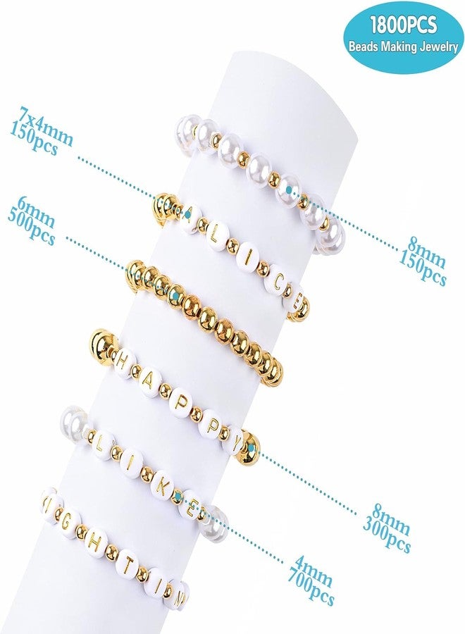 Qroof 1800Pcs Jewelry Making Kit - Gold Round Spacer Beads, Alphabet Beads, White Pearls, 2 Rolls Elastic String for DIY Craft - Image 2