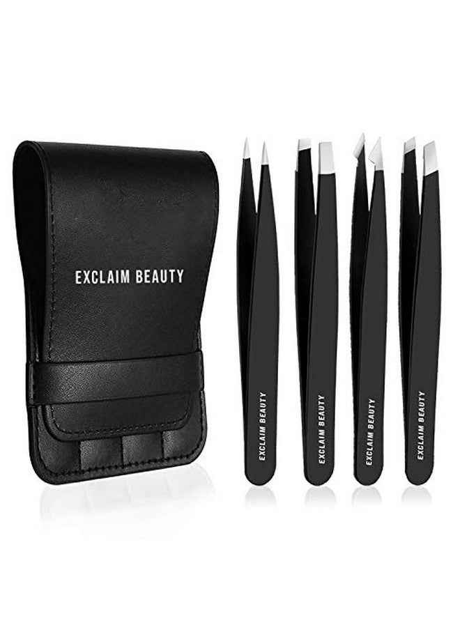 Exclaim Beauty - Xclaim Beauty Tweezers For Women & Men Pack Of 4 Stainless Steel Tweezers Set Precision Tweezers For Eyebrows Splinter Ingrown Hair Removal Tweezers Kit For Women With Leather Case Matte Black - Image 1